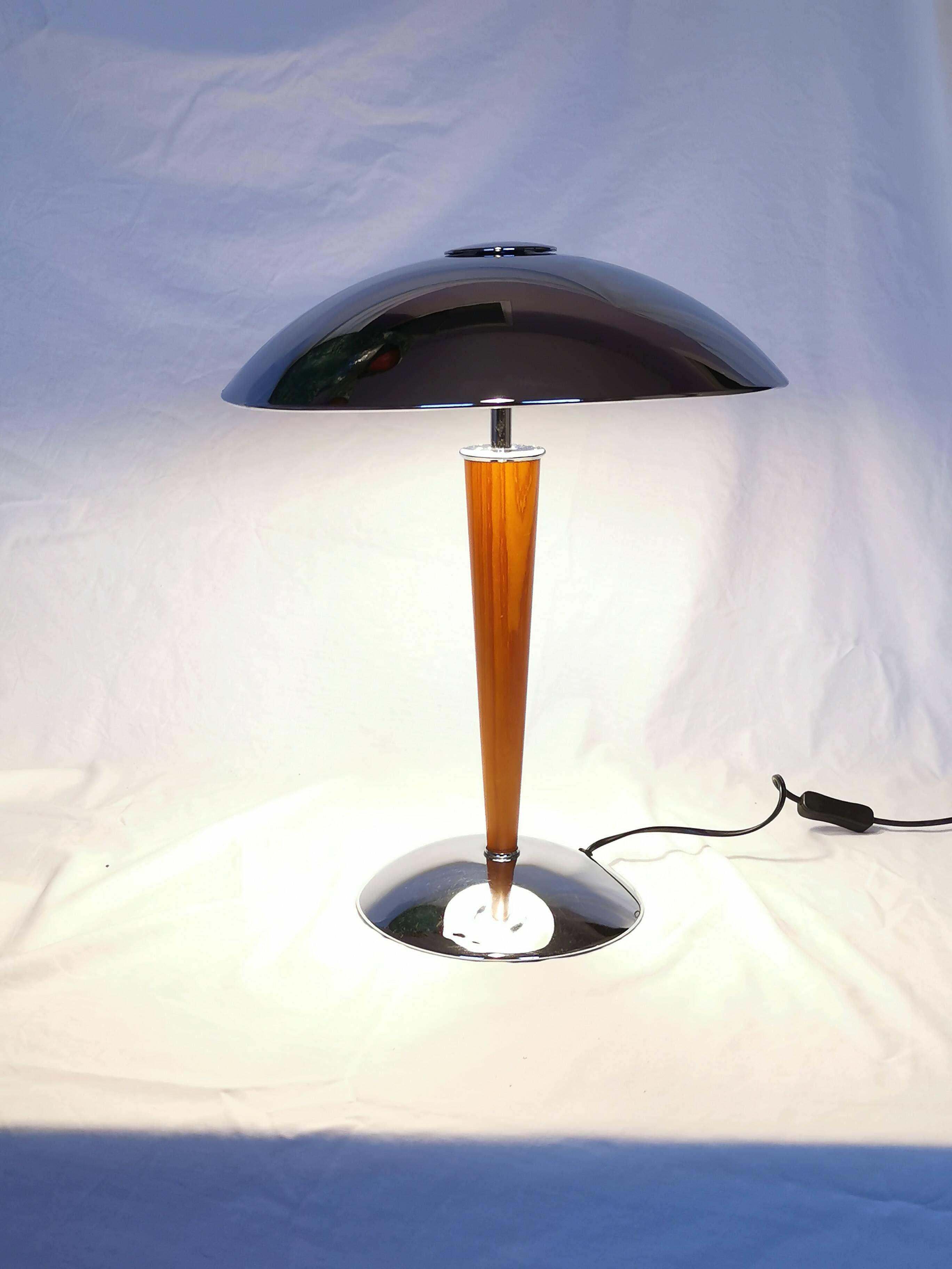 Large double bulb liner lamp, chrome and wood, 1980