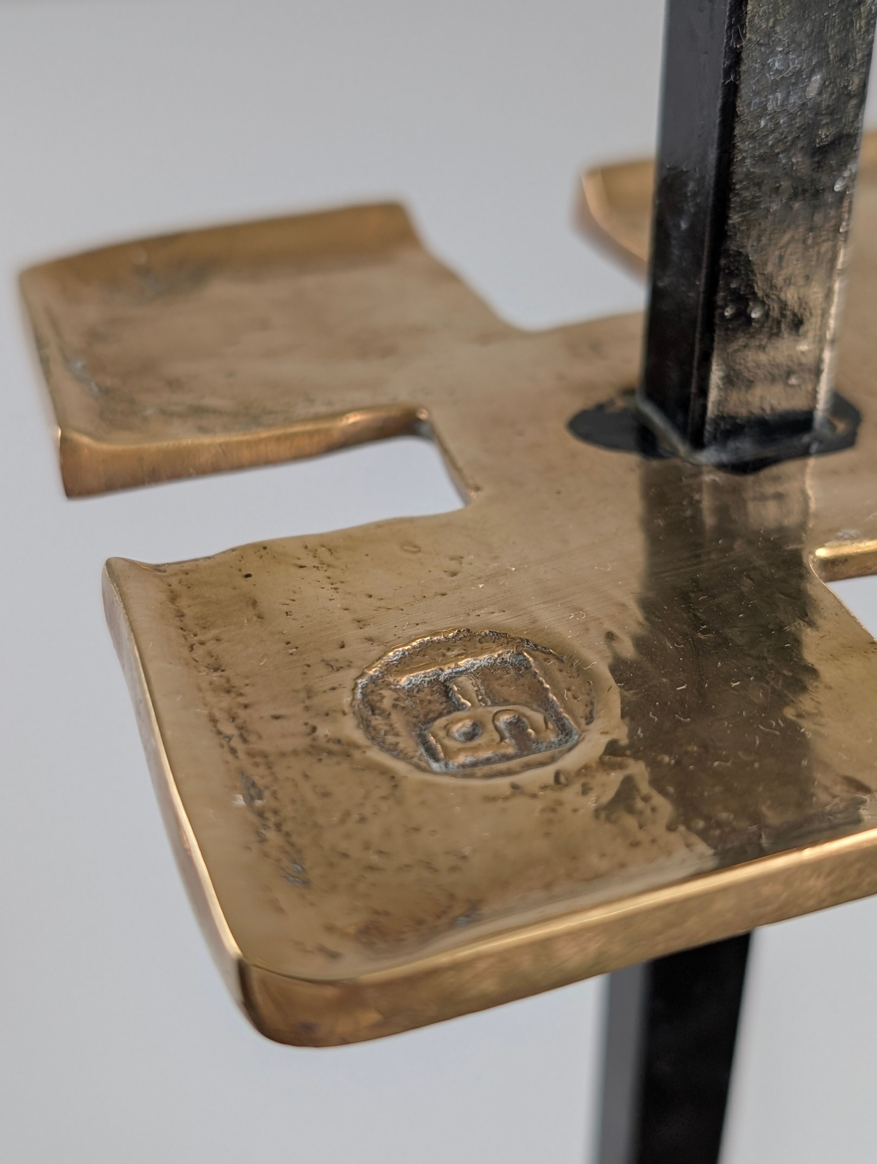 Brutalist iron and brass fireplace set by David Marshall, 1970s