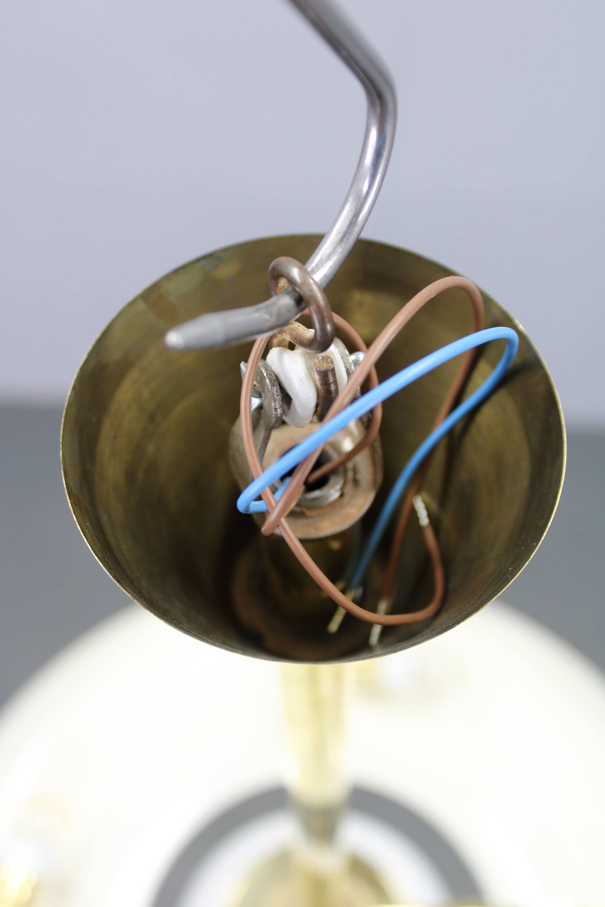 Art Deco brass chandelier with white glass, Czechoslovakia 1930s