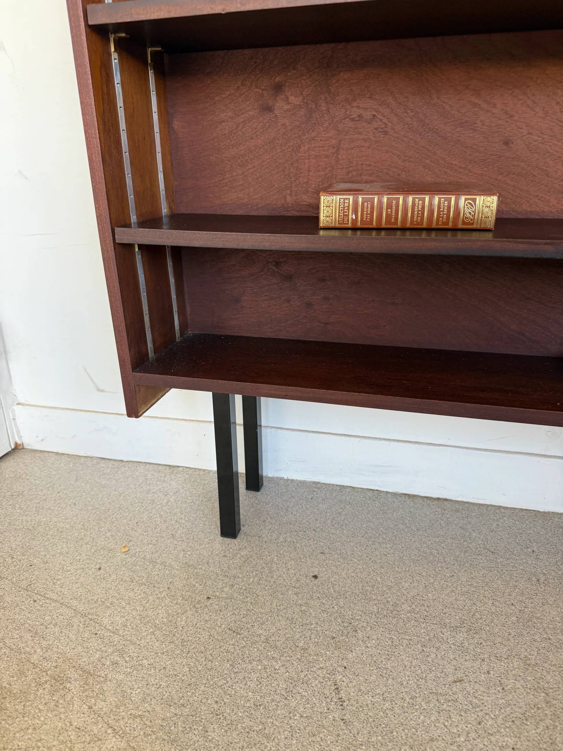 Vintage veneer bookcase with metal legs