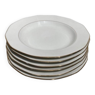 6 gilded and white porcelain soup plates