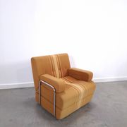 Jaren 70 uittrekbare lounge fauteuil bruin gestreept met Chromen buisframe