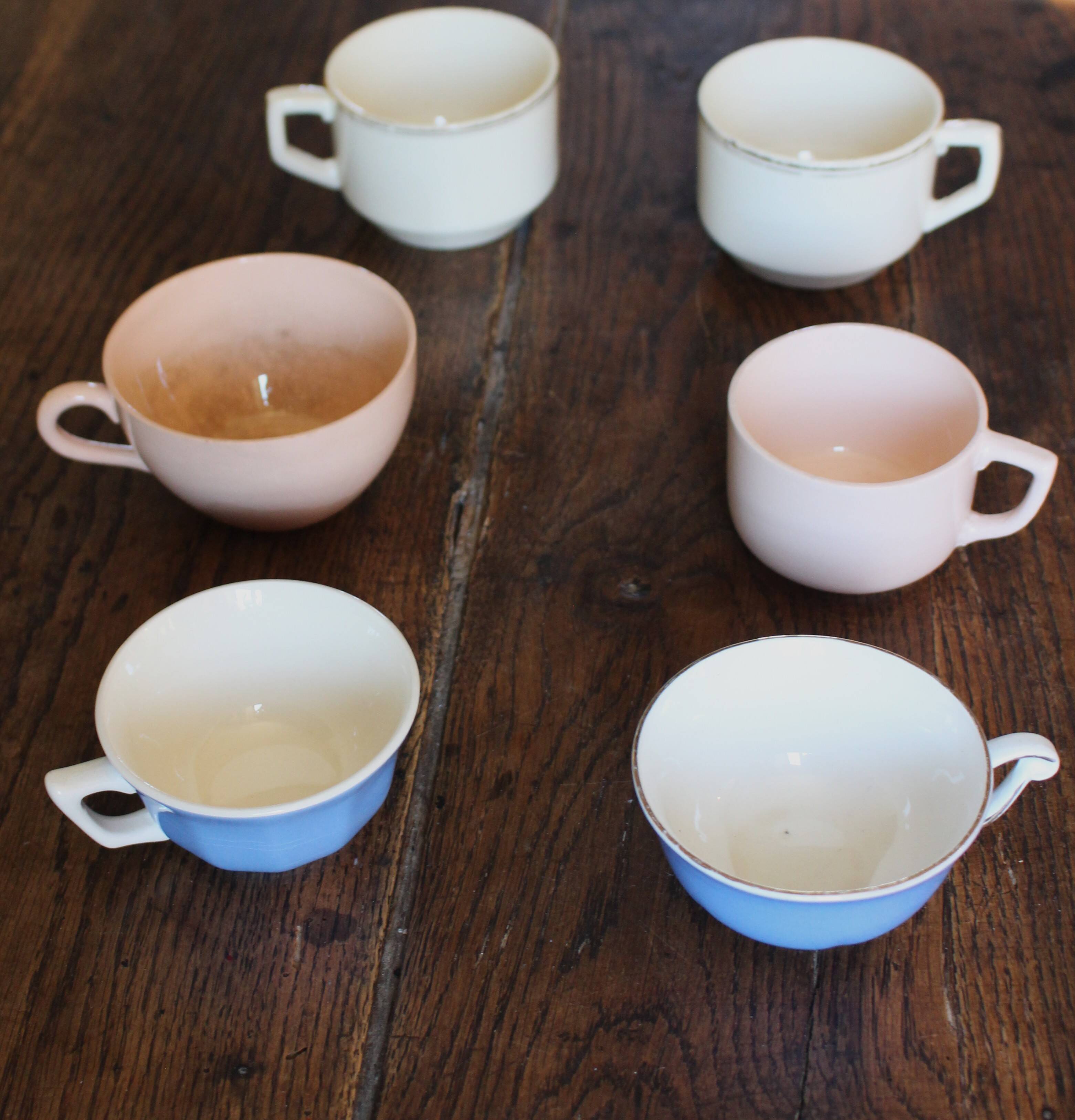 A set of 6 pink, blue, and cream cups from Digoin Céranord Villeroy Art Deco.