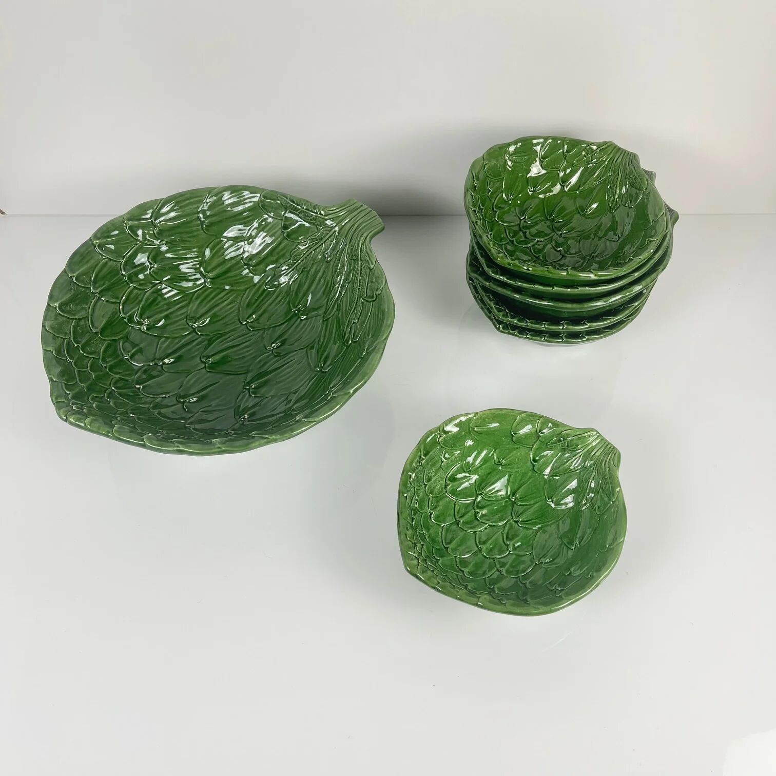 Salad service green leaf artichoke vintage salad bowl + 6 bowls 70s