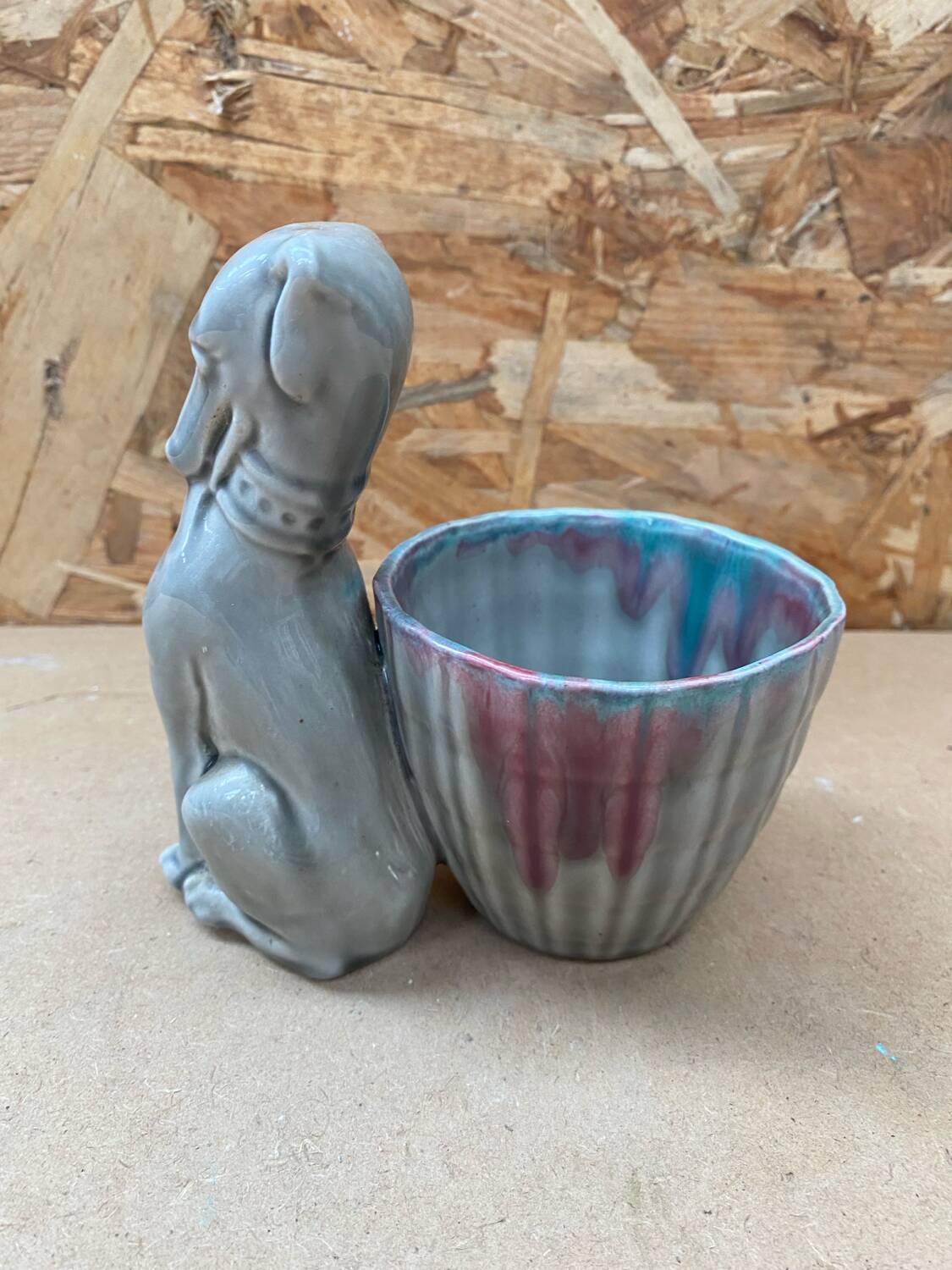 Old grey ceramic greyhound decor pot vintage