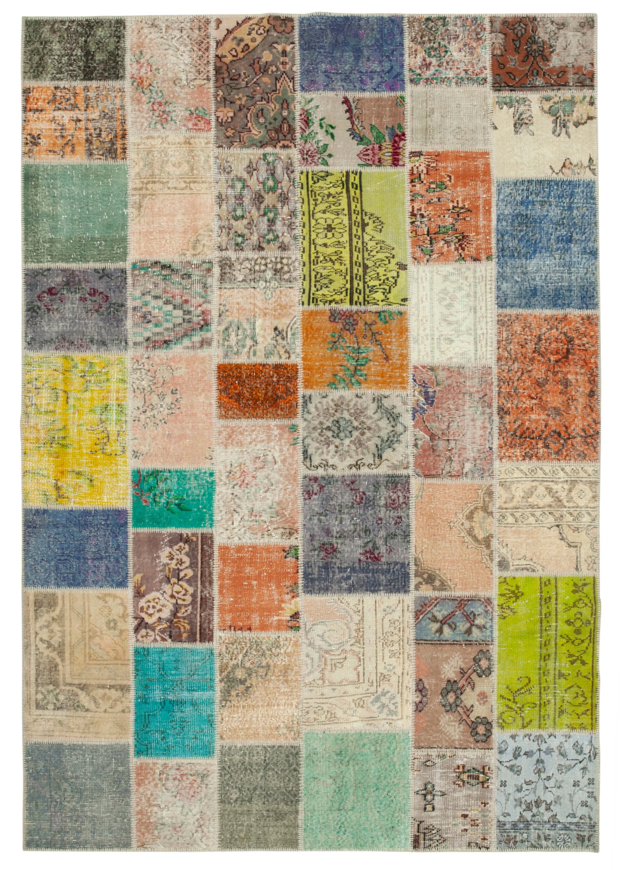 Handmade anatolian overdyed 206 cm x 297 cm multicolor patchwork carpet