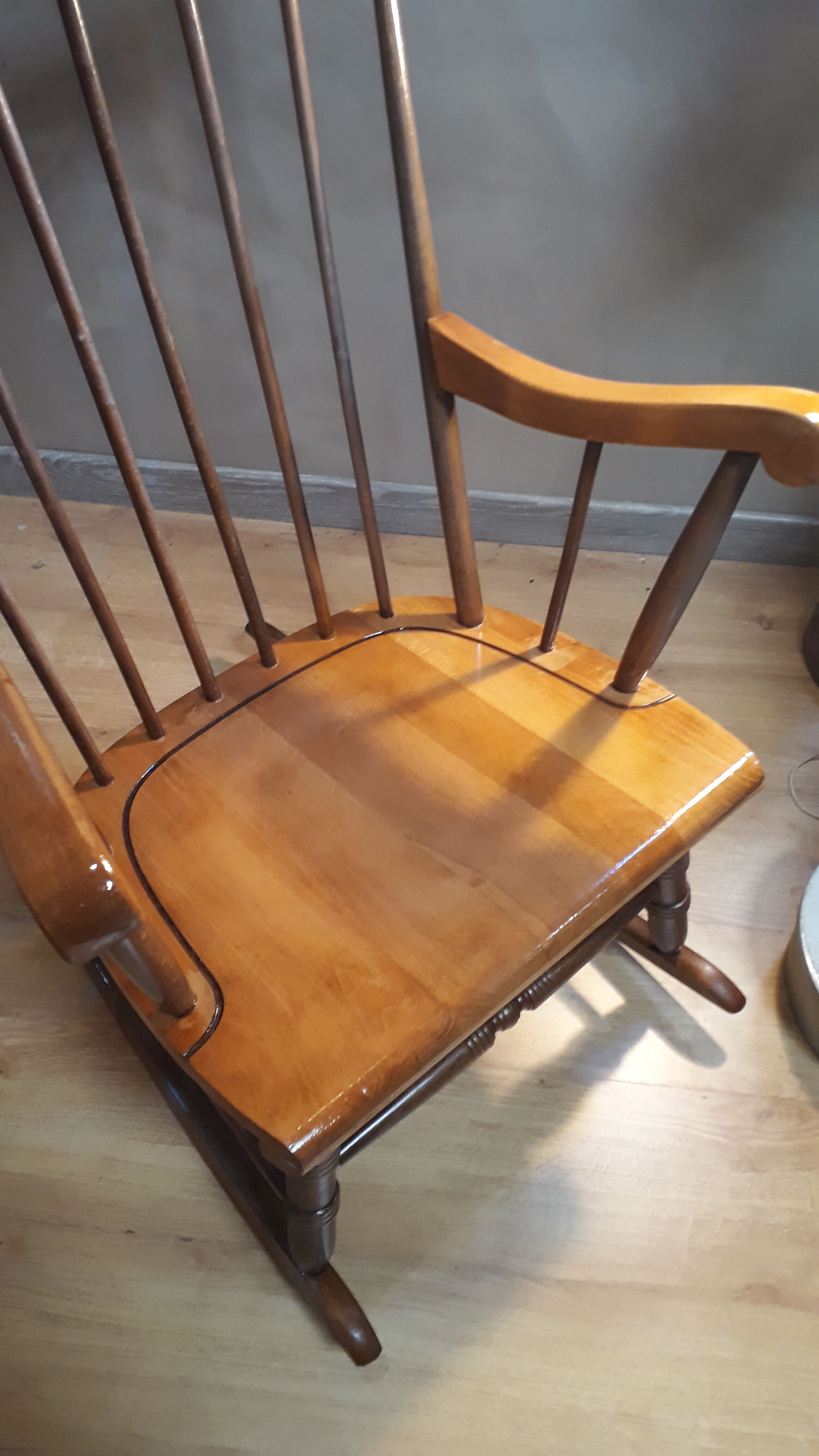 Brown and natural wood rocking chair 1970