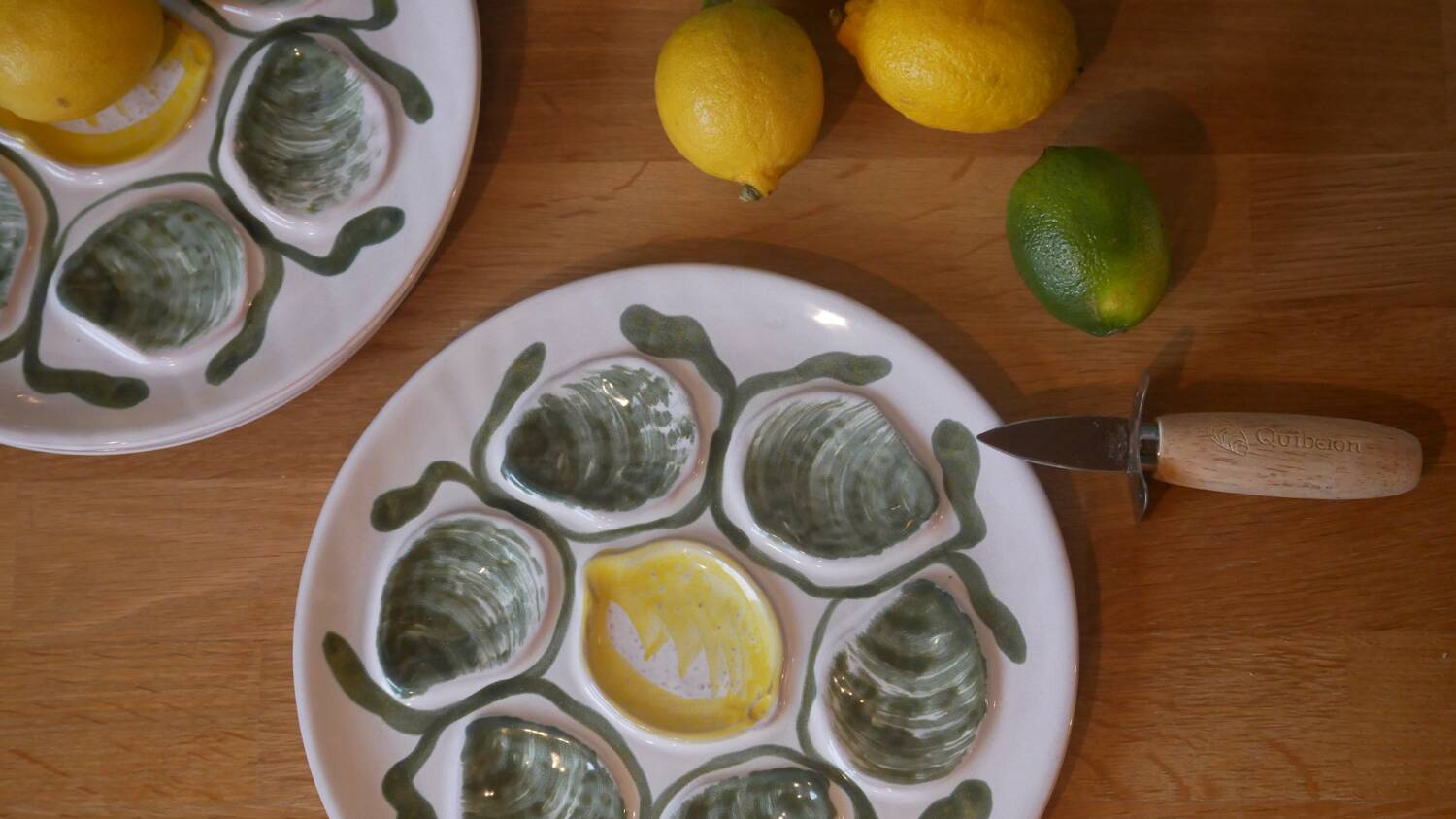 Set of 4 Belon earthenware oyster plates – 25 cm – yellow & green