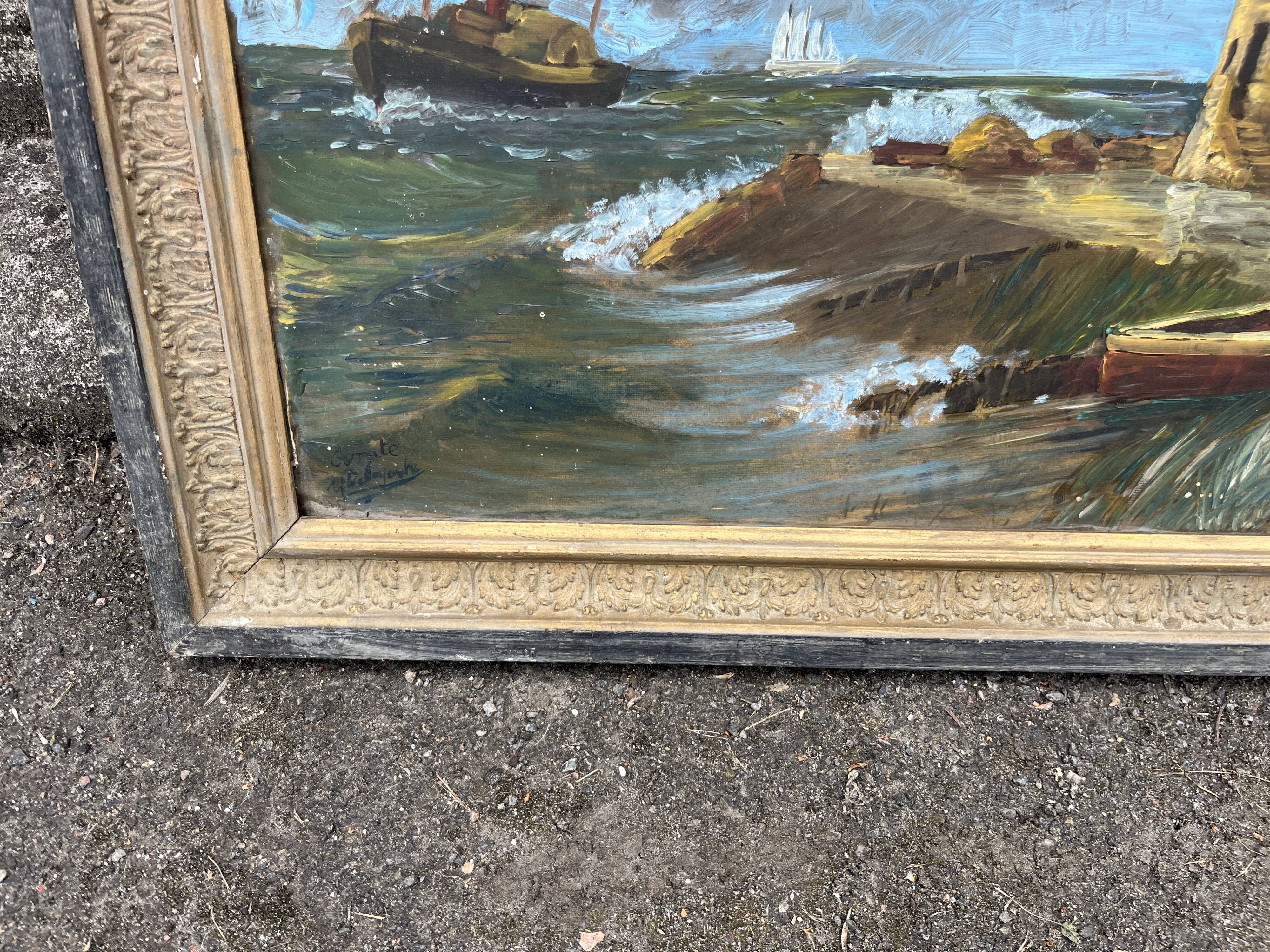 Old marine painting oil on canvas signed Y. Delaporte port entrance