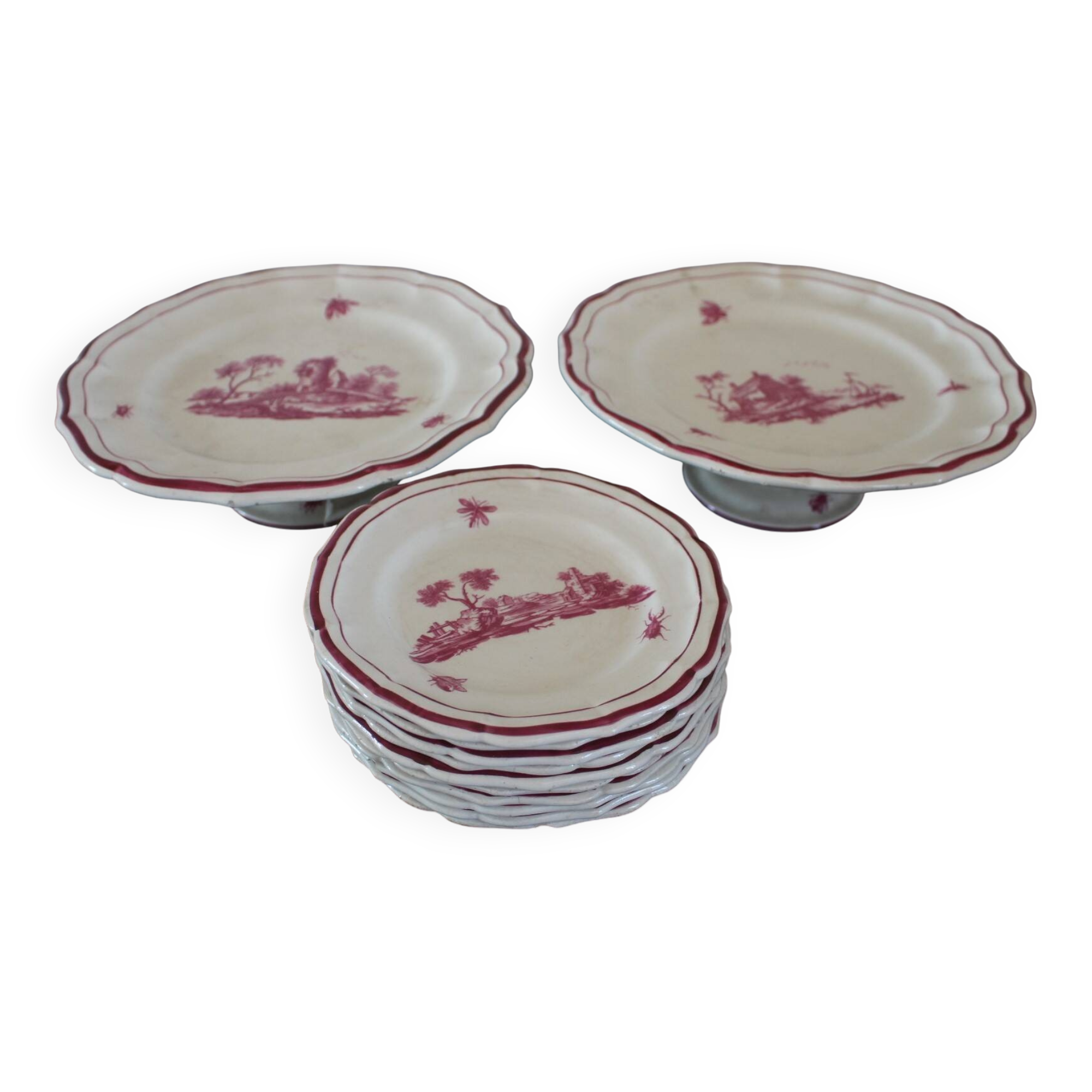 Service Gien "Paysage rose" original 2 plat à gateau + 8 assiette à dessert