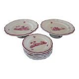 Service Gien "Paysage rose" original 2 plat à gateau + 8 assiette à dessert