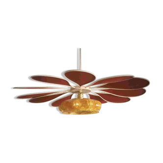 Rattan and terracotta linen pendant light and vintage amber globe