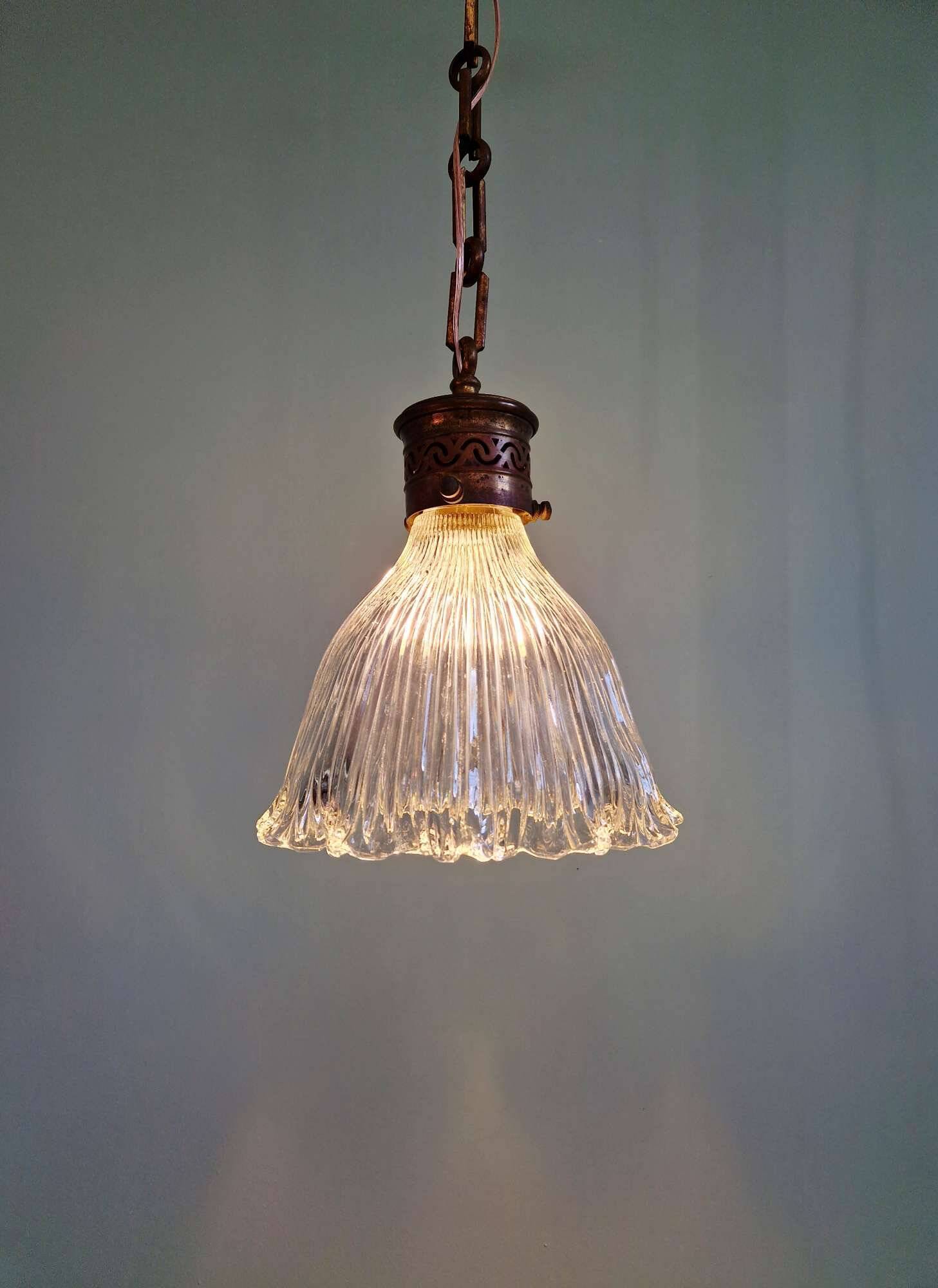 Art Deco Holophane pendant light in clear grooved glass, 1920-30