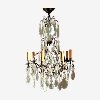 Old chandelier with tassels, bronze and crystal, 8 lights. Louis XV style.