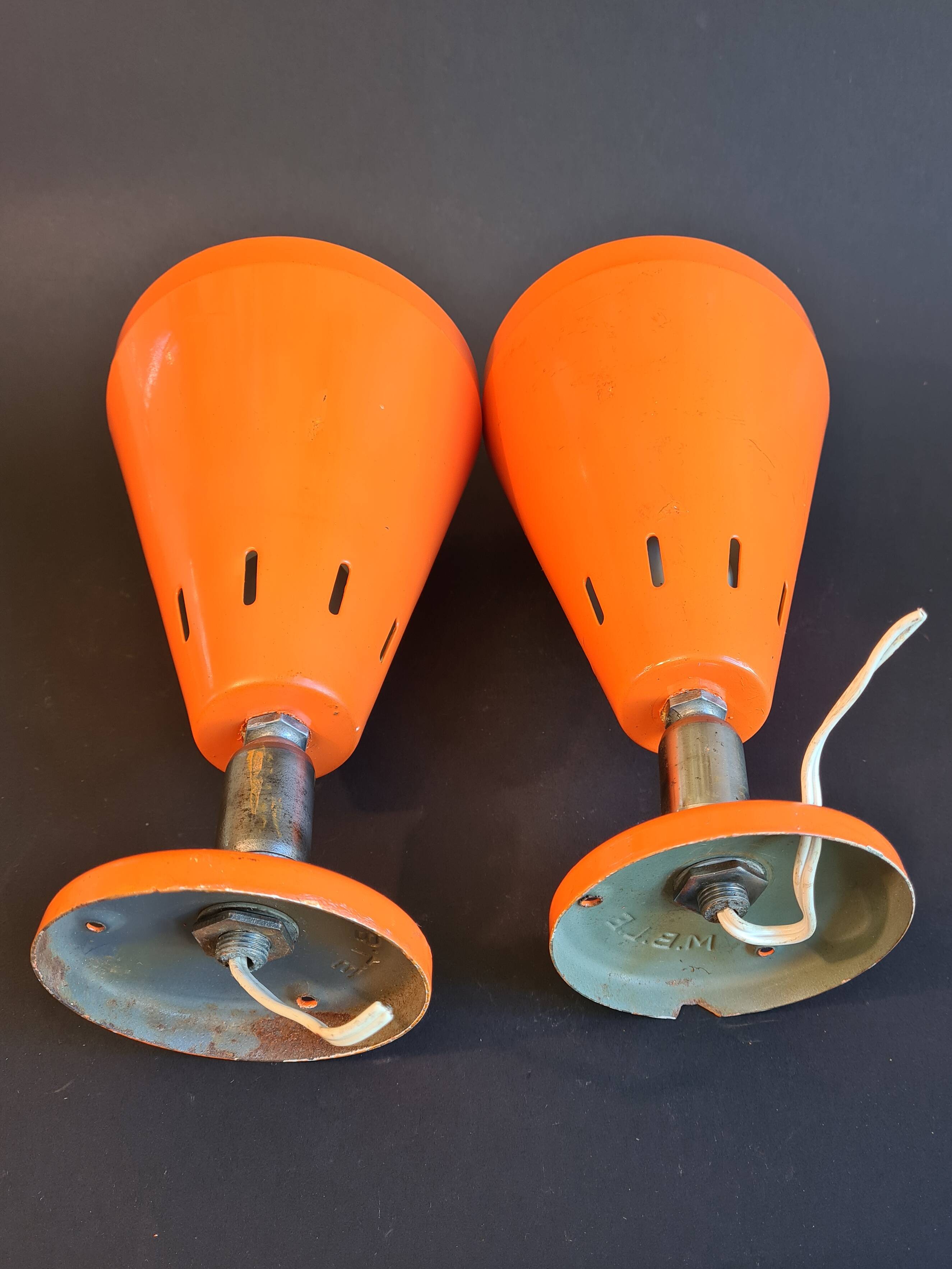 Authentic Pair of Seventies Orange wall lights from the "MBLE" brand.