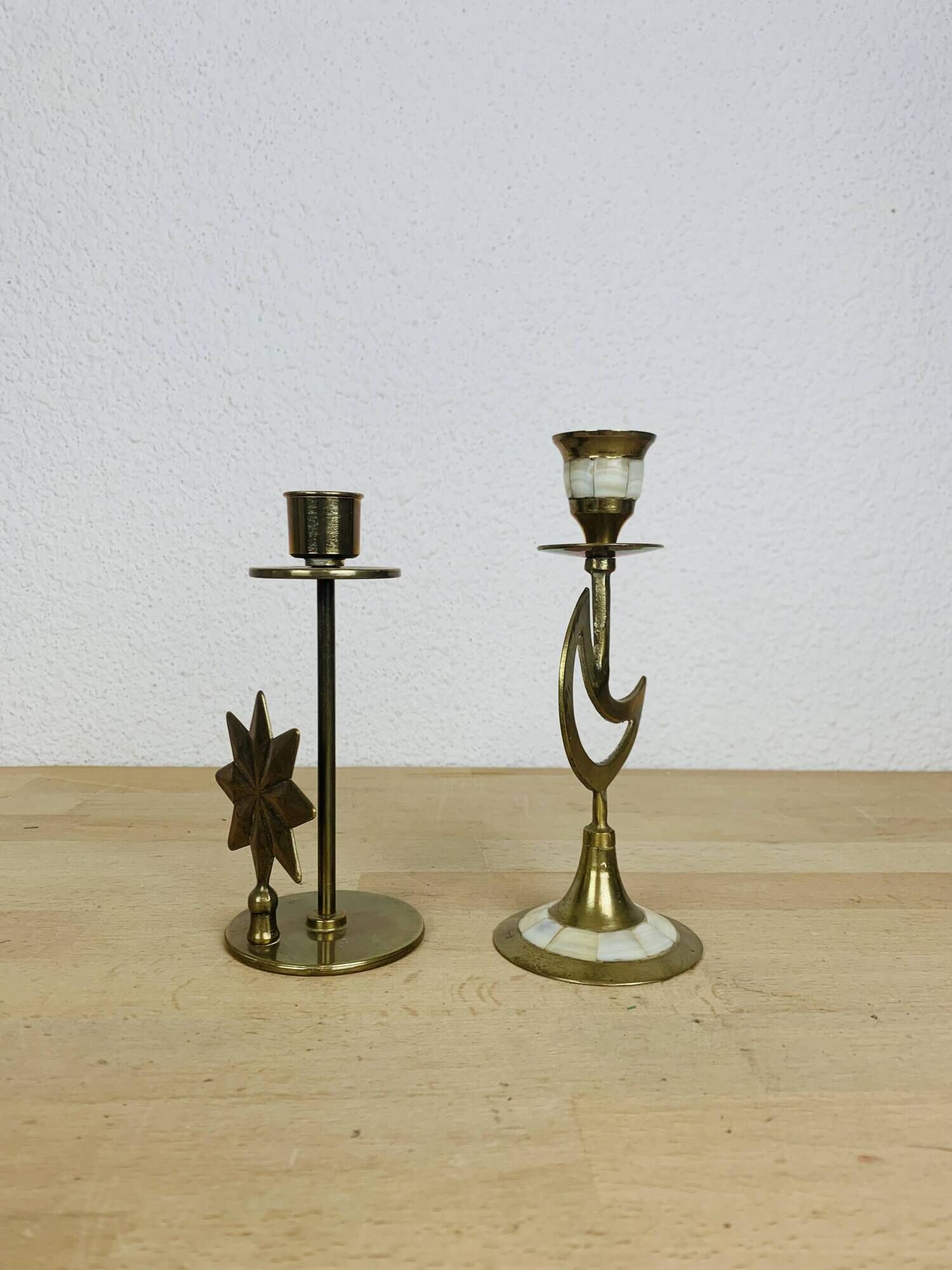 Pair of mother-of-pearl brass candlesticks with moon and sun