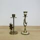 Pair of mother-of-pearl brass candlesticks with moon and sun