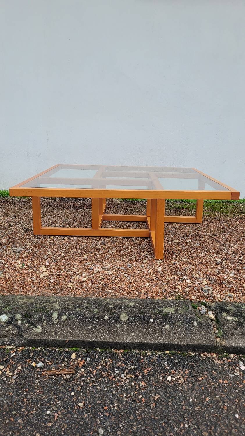 Modernist vintage square coffee table, in wood and old glass