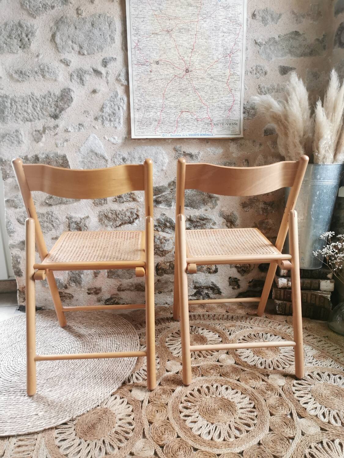 2 Vintage Folding Chairs, Beech and Rattan Canework