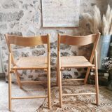 2 Vintage Folding Chairs, Beech and Rattan Canework