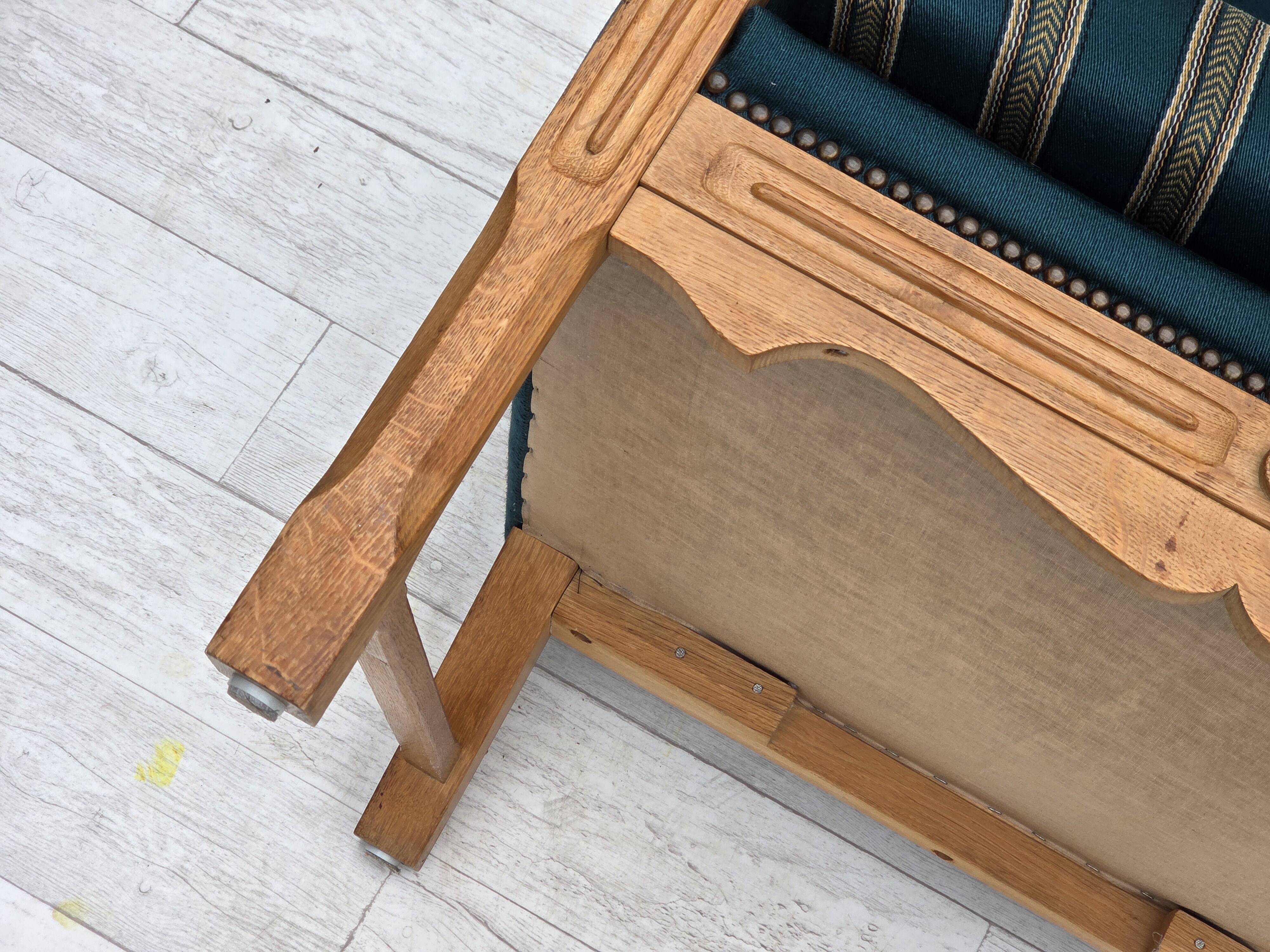 1970s, Danish highback armchair, furniture wool, solid oak wood.