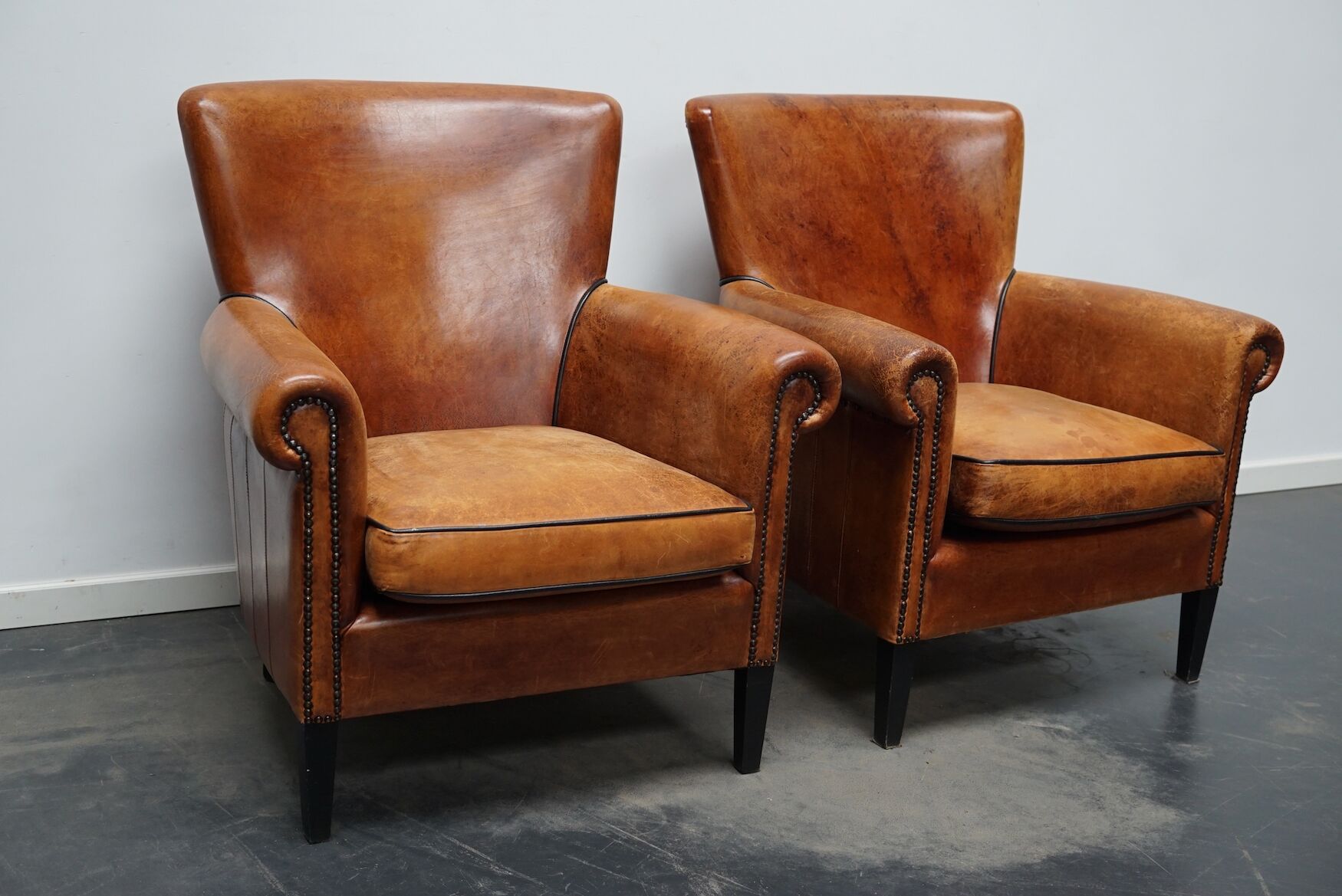 Fauteuil club en cuir vintage hollandais de couleur cognac, ensemble de 2