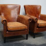 Fauteuil club en cuir vintage hollandais de couleur cognac, ensemble de 2