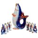 Set of 7 glasses and a carafe in glass and blue porcelain in Mid-Century Modern style.