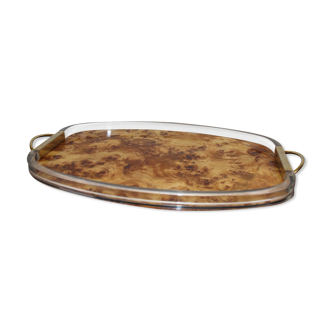 Plexiglass tray with golden handles and with a thin disk of walnut in between