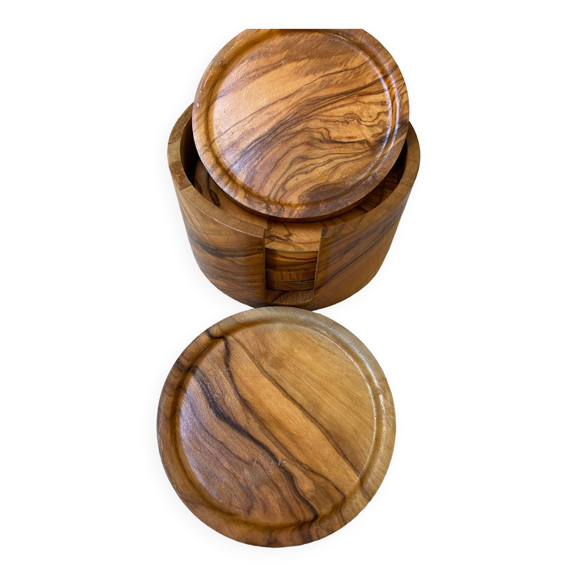 6 coasters in olive wood and their storage box
