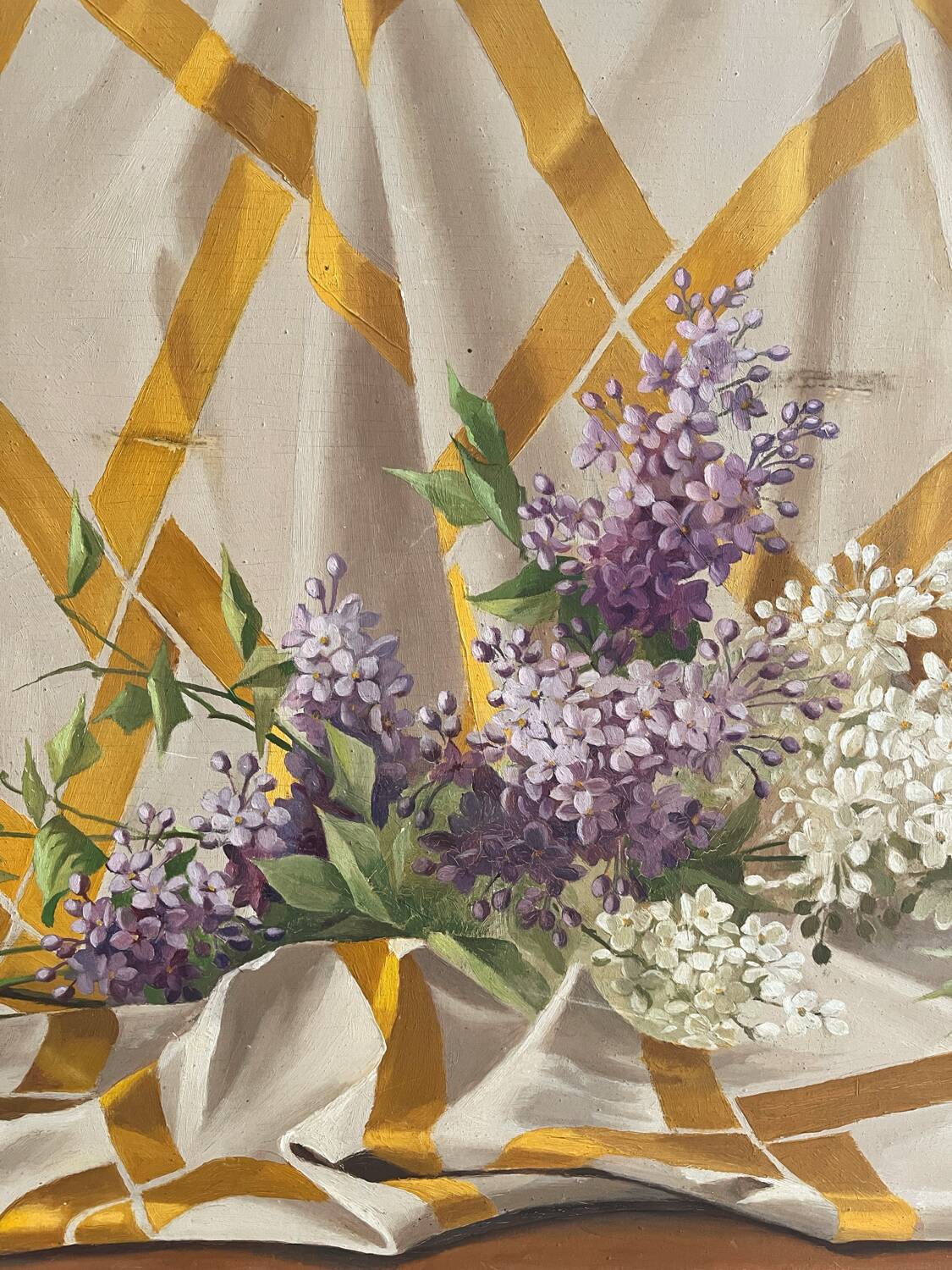 Old painting, oil on wood, lilac flowers on drapery by Sarret.