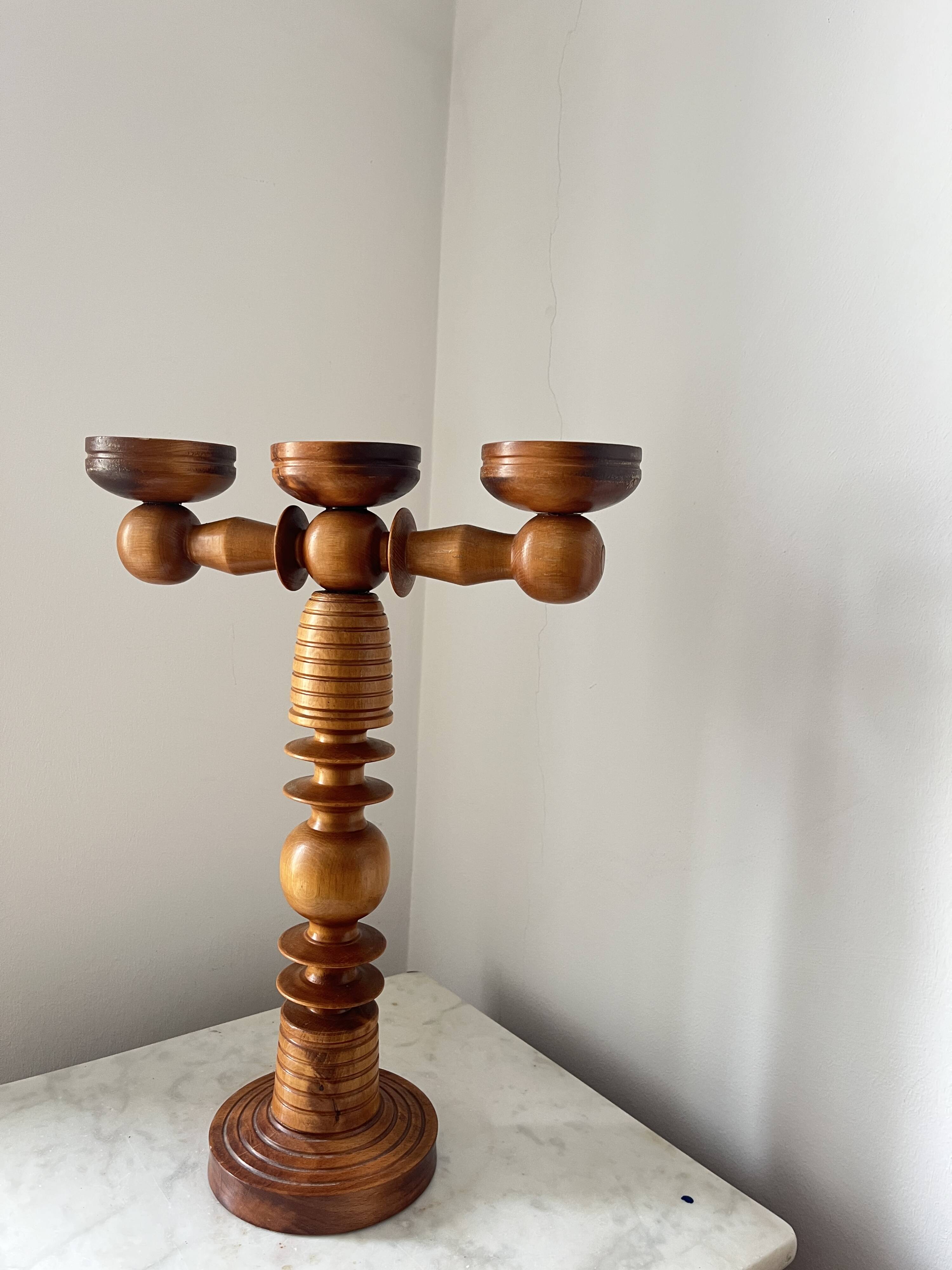 Vintage Scandinavian Wooden Candle holder with 3 arms, Mid-Century Modern