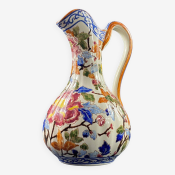 Large Gien earthenware ewer pitcher with Peonies decor