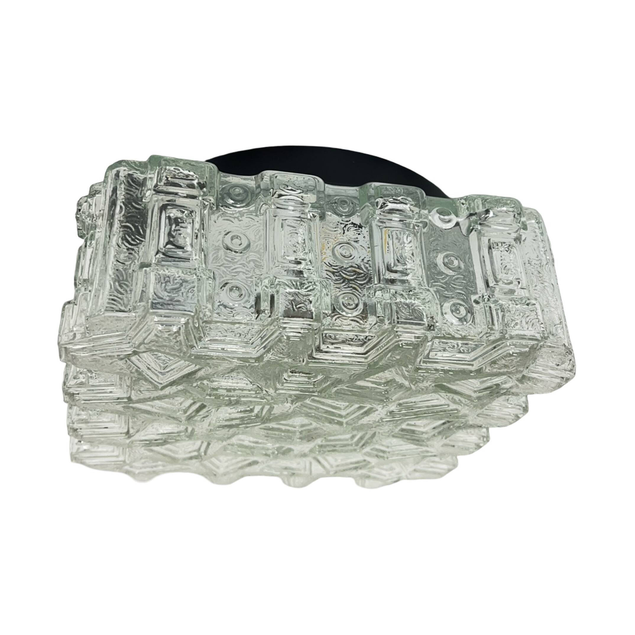 1970s square Hillebrand ceiling light made of thick pressed glass.