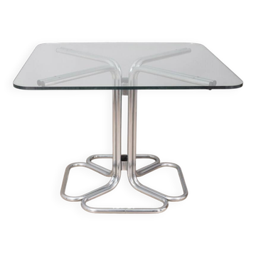 70s vintage square table in chromed metal and glass italian design