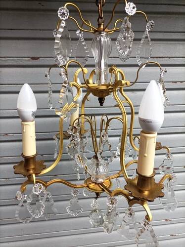 Rare antique cage chandelier in gilded bronze and crystal, 4 lights / WORKING CONDITION GAU?