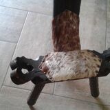 Chaise tabouret tripode  bois et peau vintage 50/60