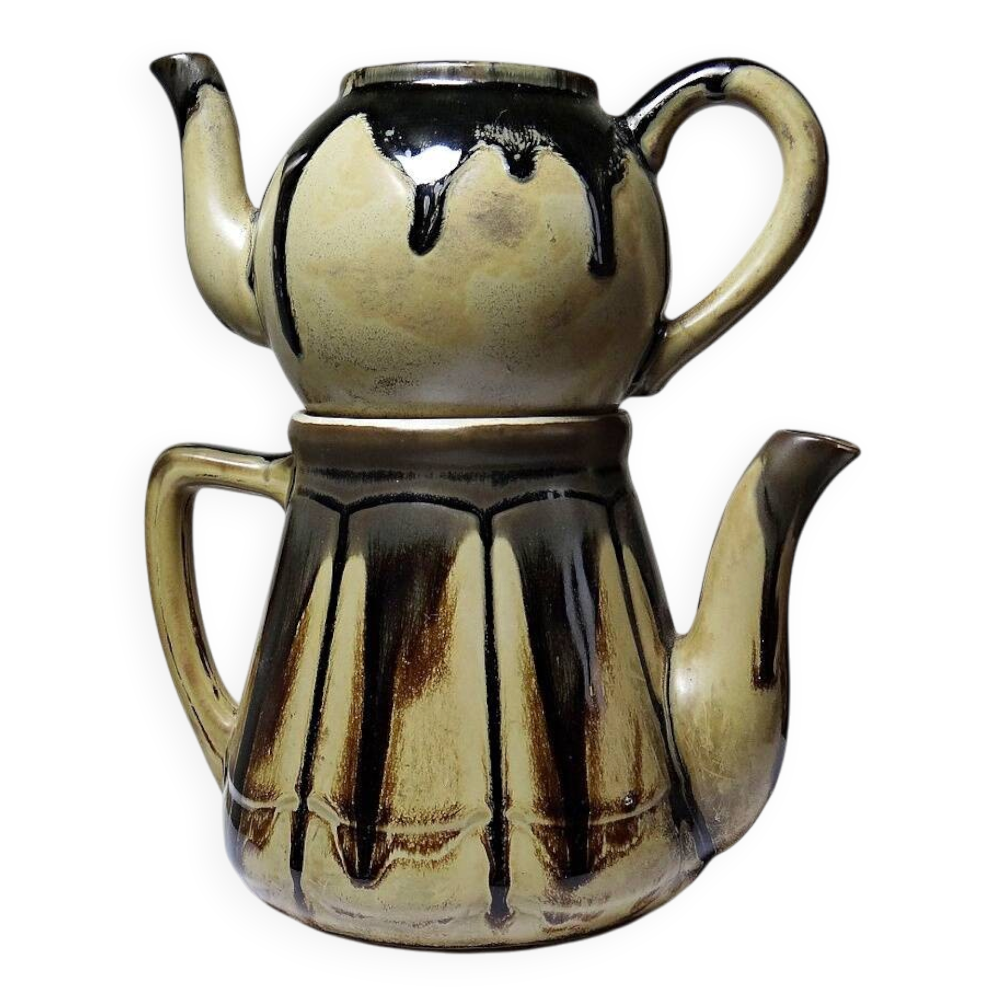 A pair of small vintage teapots in the Art Deco style reminiscent of Denbac.