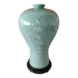 Ancien vase céladon sur socle bois h33cm origine sud est asiatique tbe