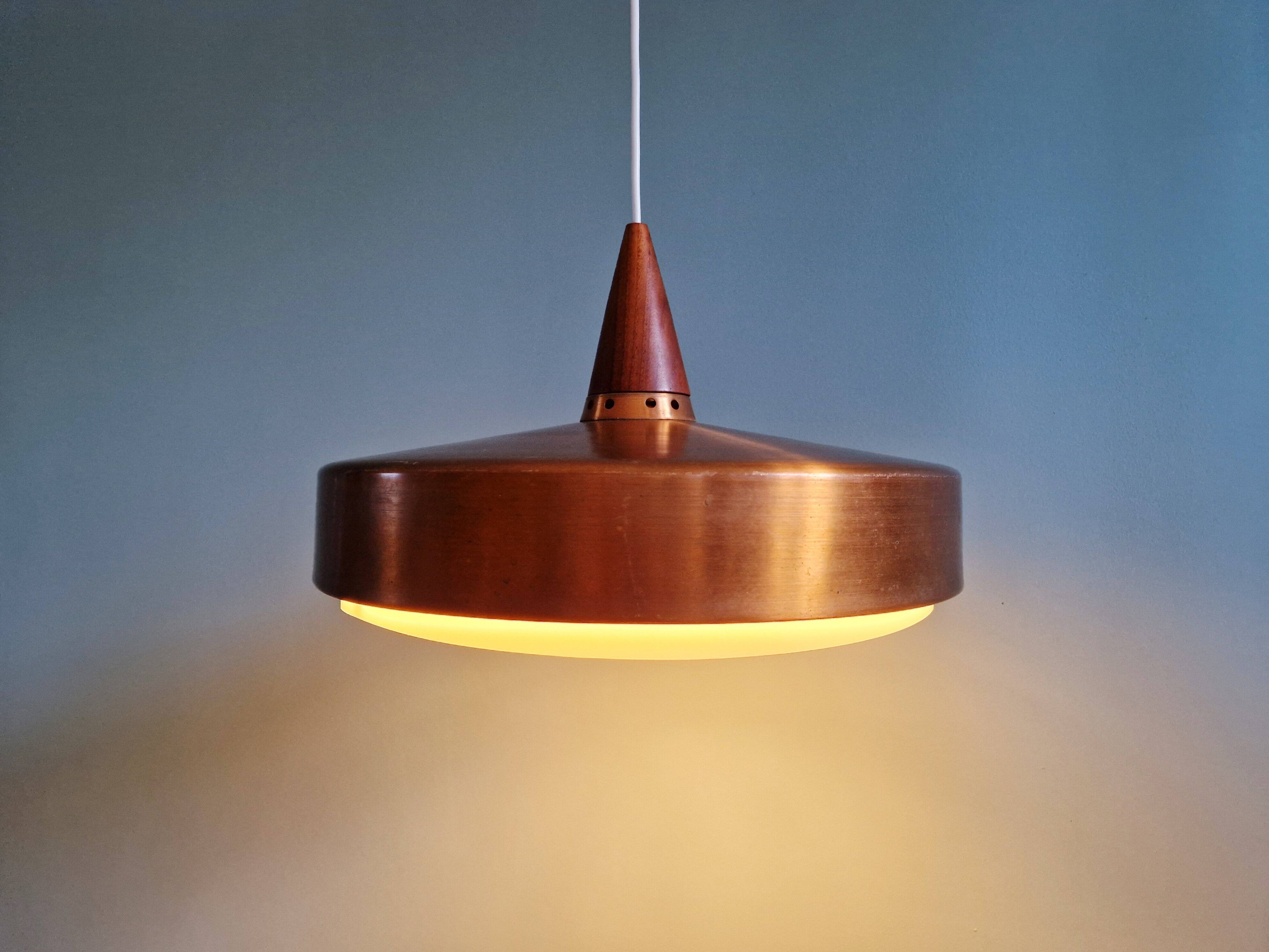 Scandinavian pendant light in copper and teak, 1960s