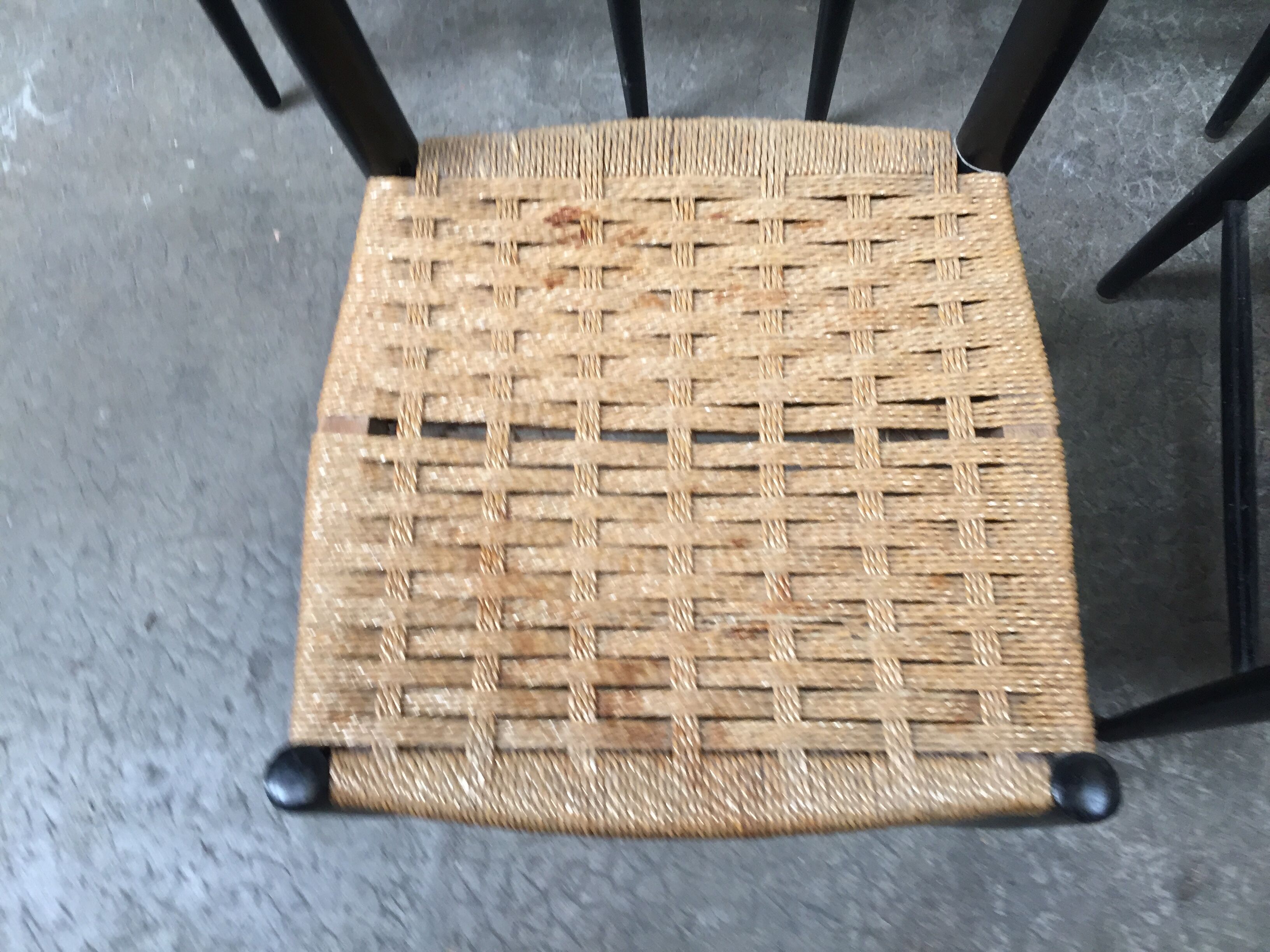 Set of 7 blackened wooden chairs, 1960s vintage