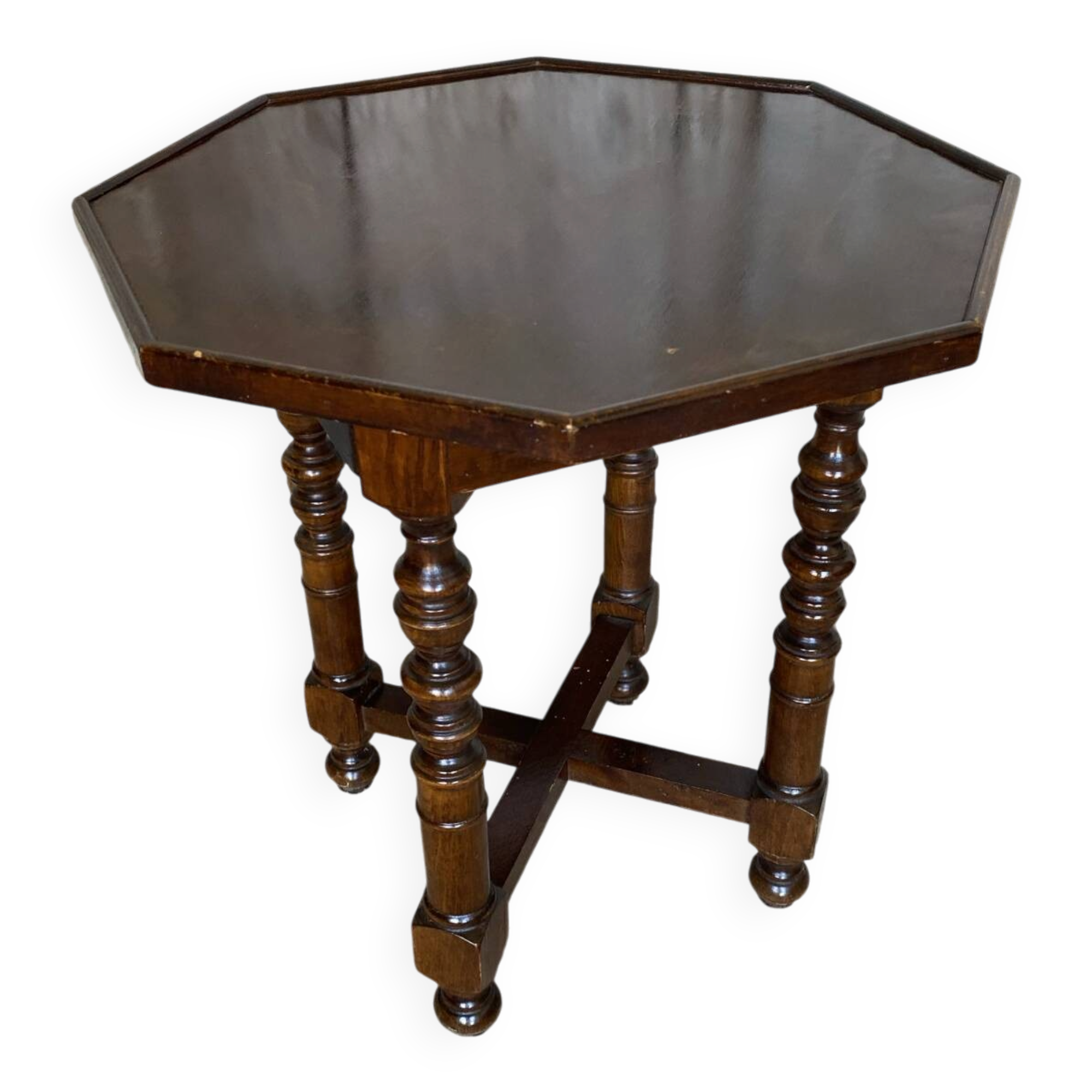 Chevet ancien, table basse octogonale en bois pieds tournés