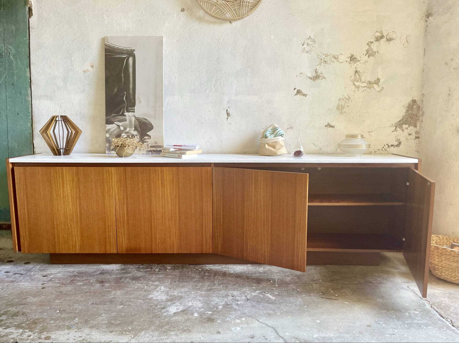 Large vintage sideboard 248 cm – wood & white mineral concrete top –