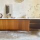 Large vintage sideboard 248 cm – wood & white mineral concrete top –
