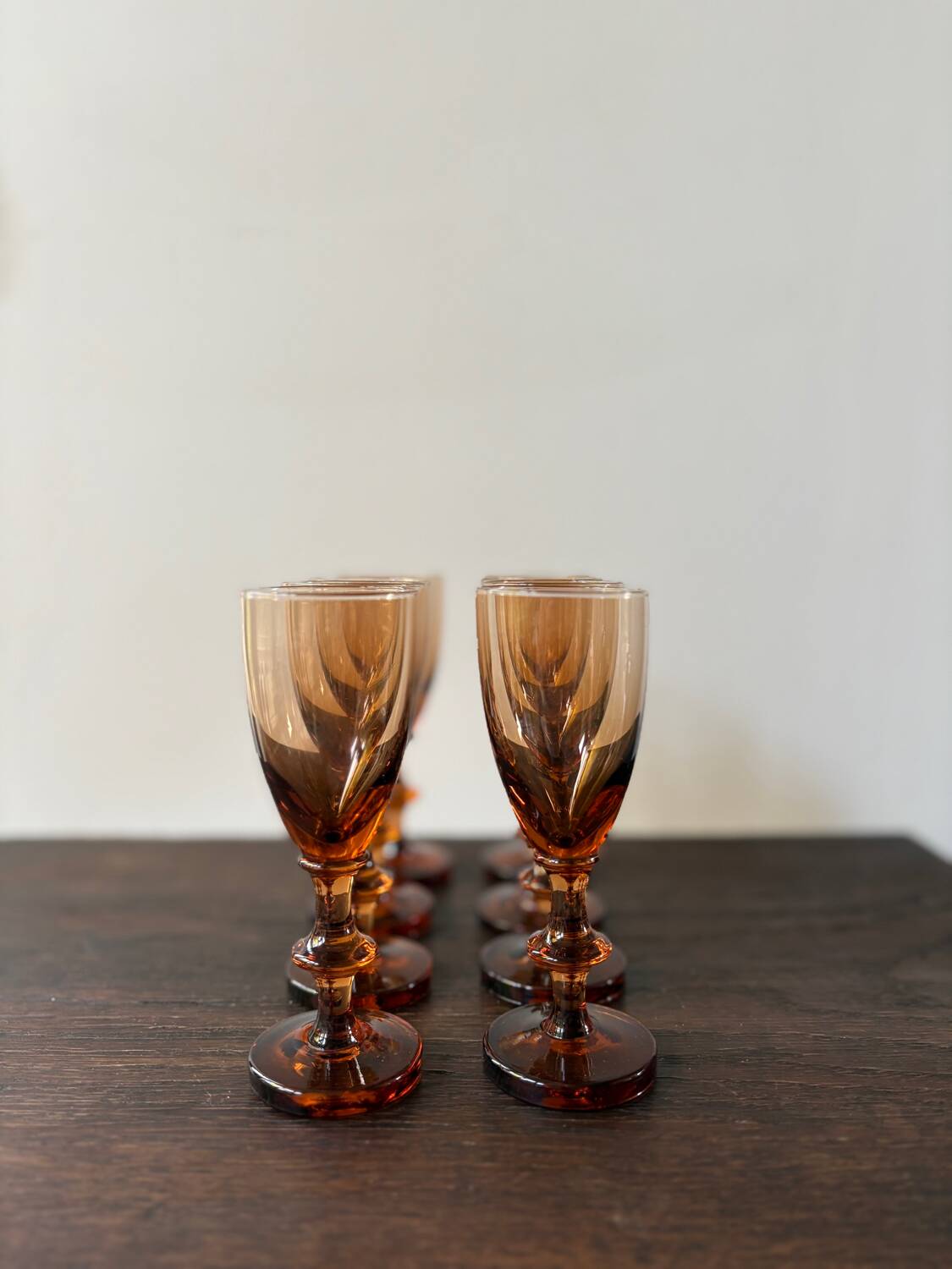 Set of 8 vintage amber portieux crystal glasses from the 70s