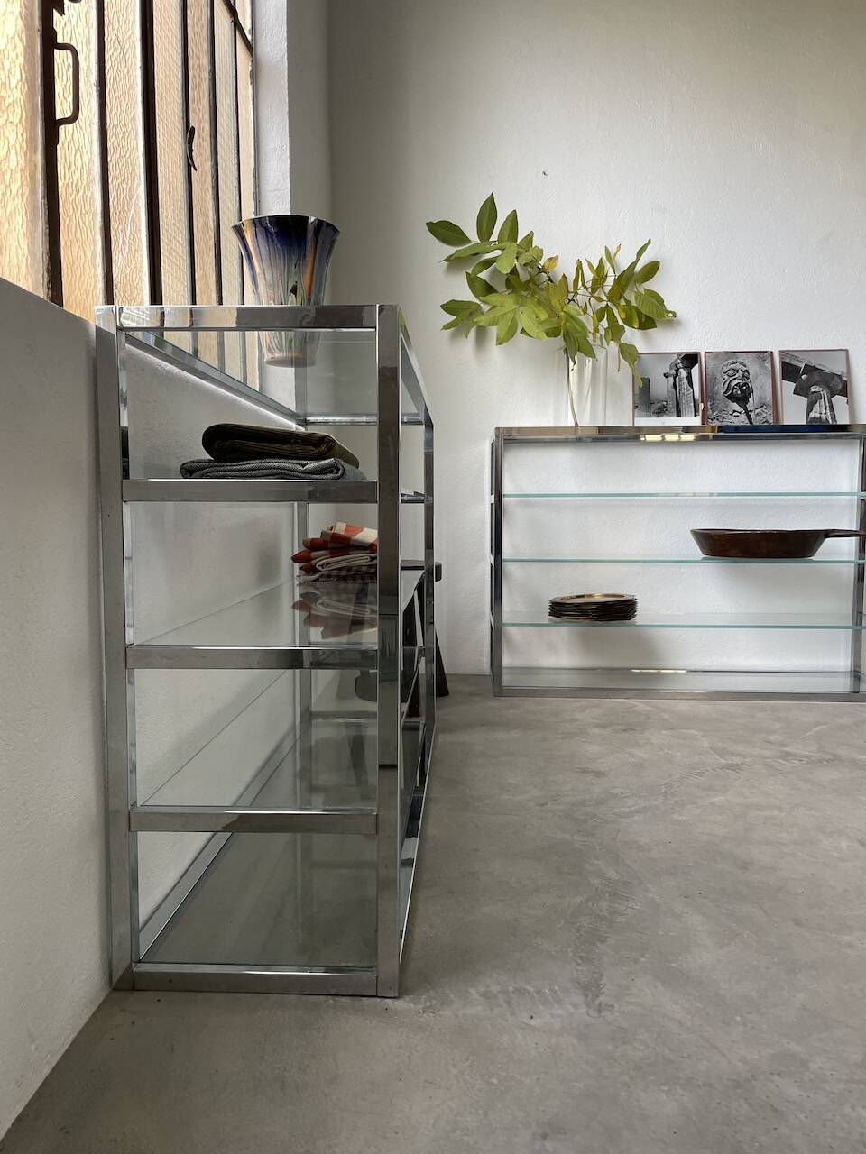 Pair of chrome and glass shelves from the 70s