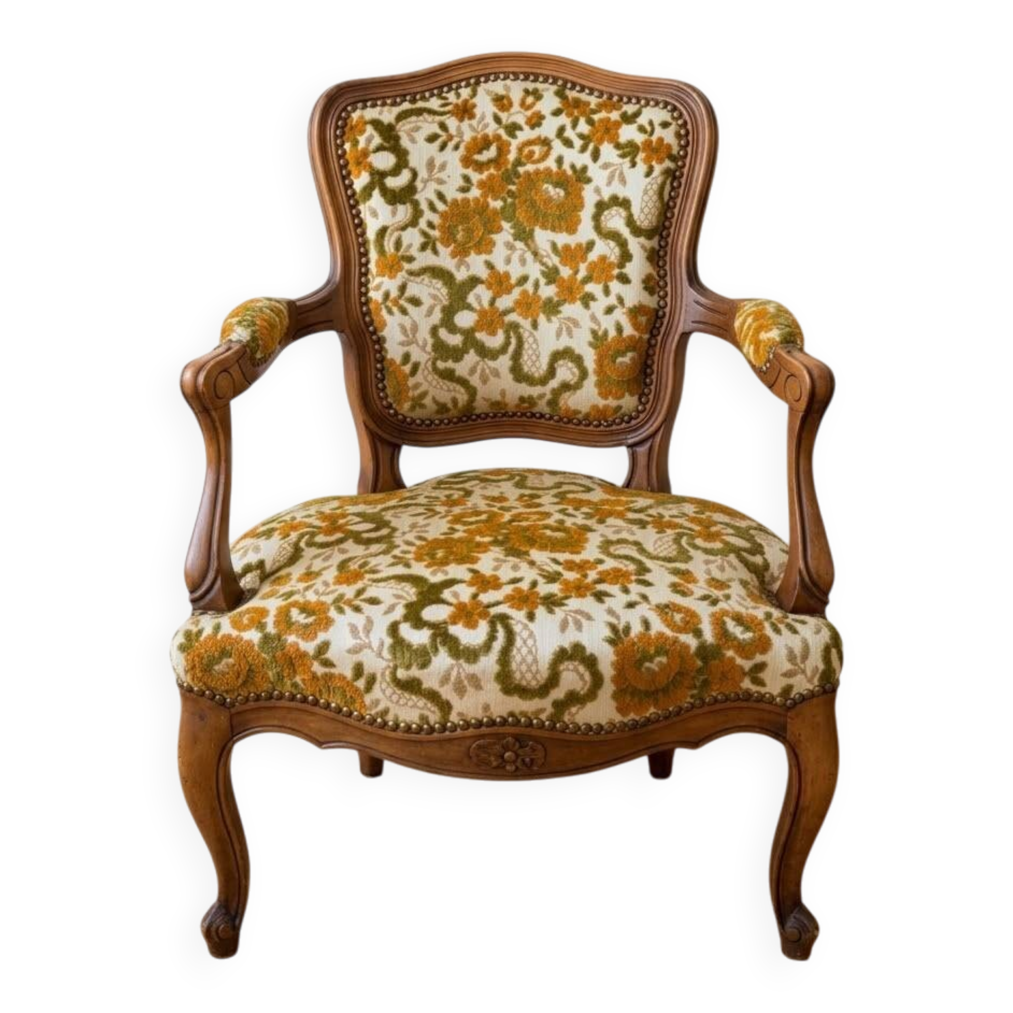 Louis XV armchair in wood and yellow and green floral fabric