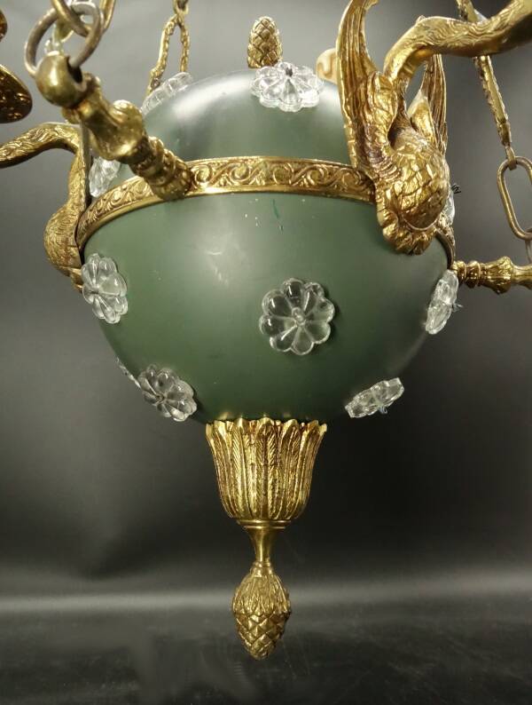 3-light chandelier with swan heads, Empire style - bronze & glass