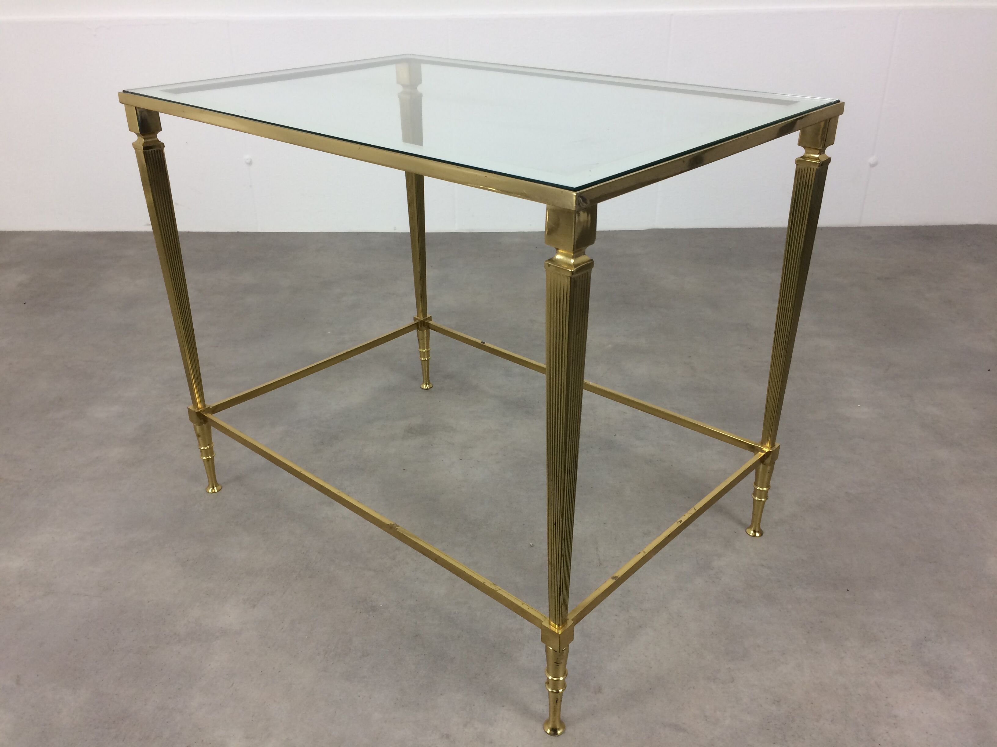 Hollywood Regency side table, glass and brass