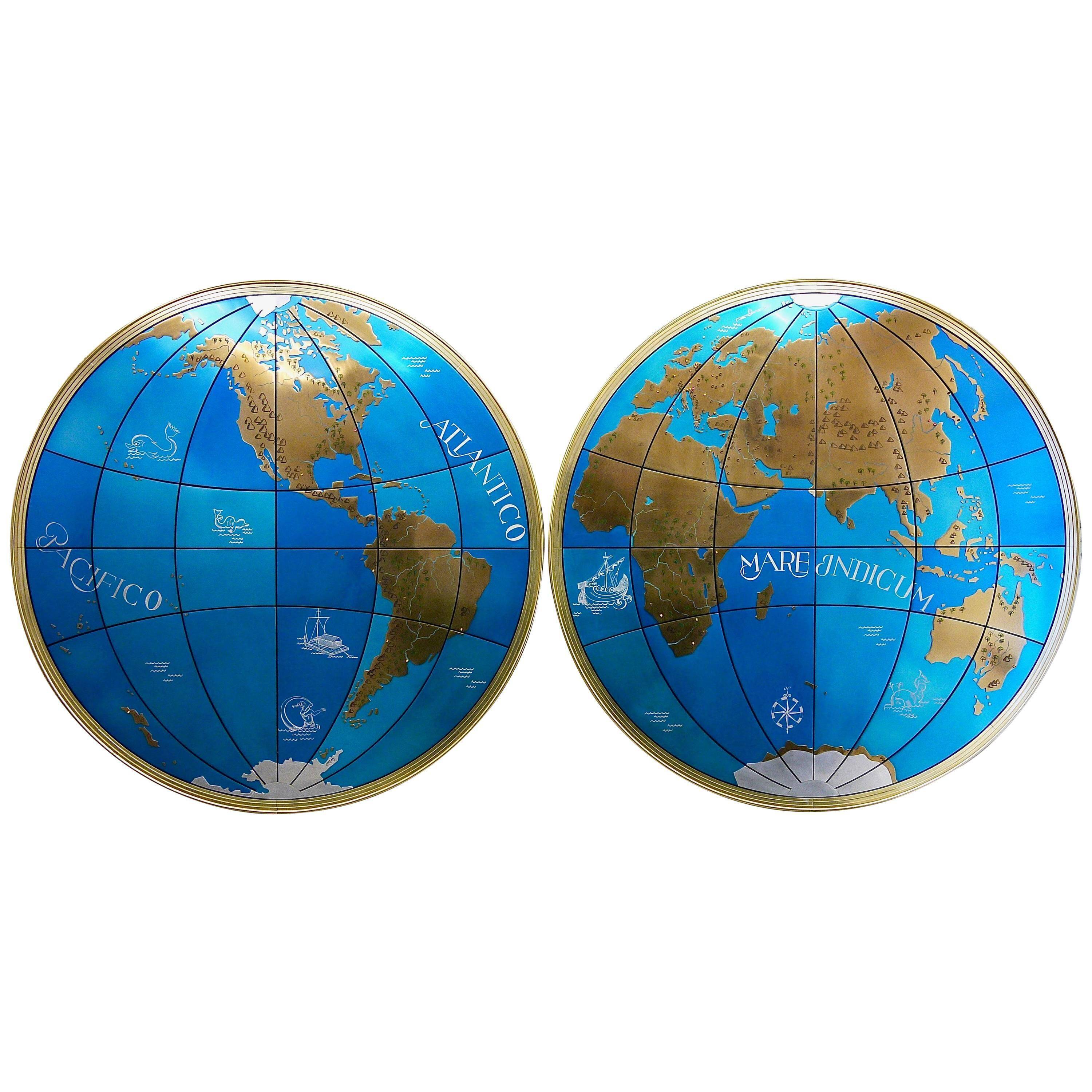 Impressive pair of two giant modern wall globes, world map, diameter 95 inches, 1950s.